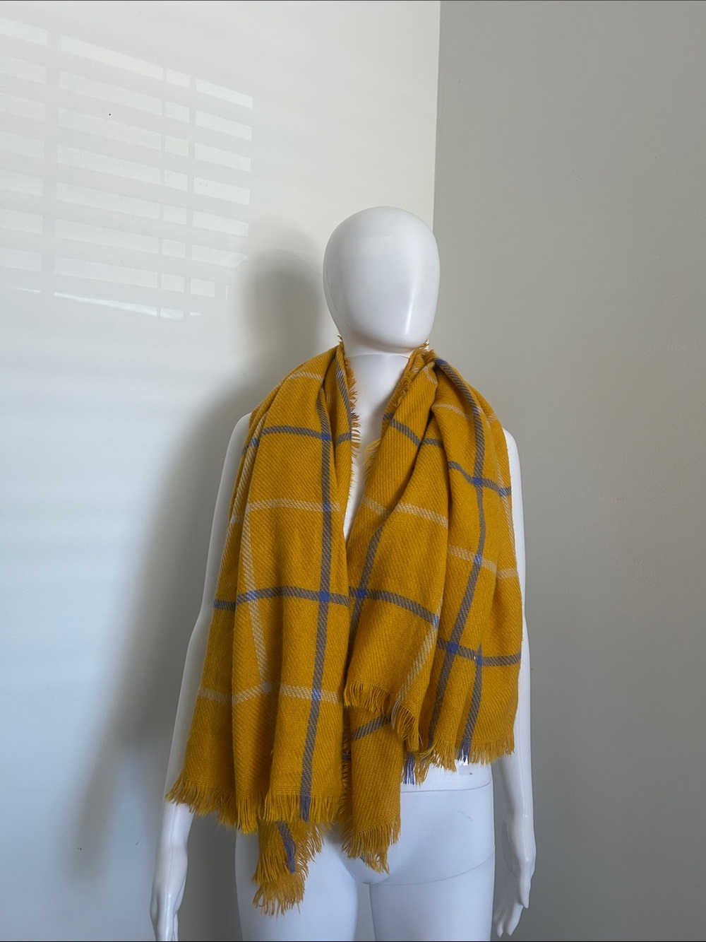 Mustard Yellow Plaid Fringe Scarf